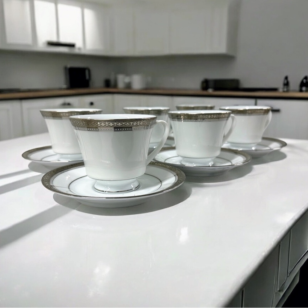 Noritake Manor Platinum 4297 Cups & Saucers Set of 6 Fine China Japan Vintage